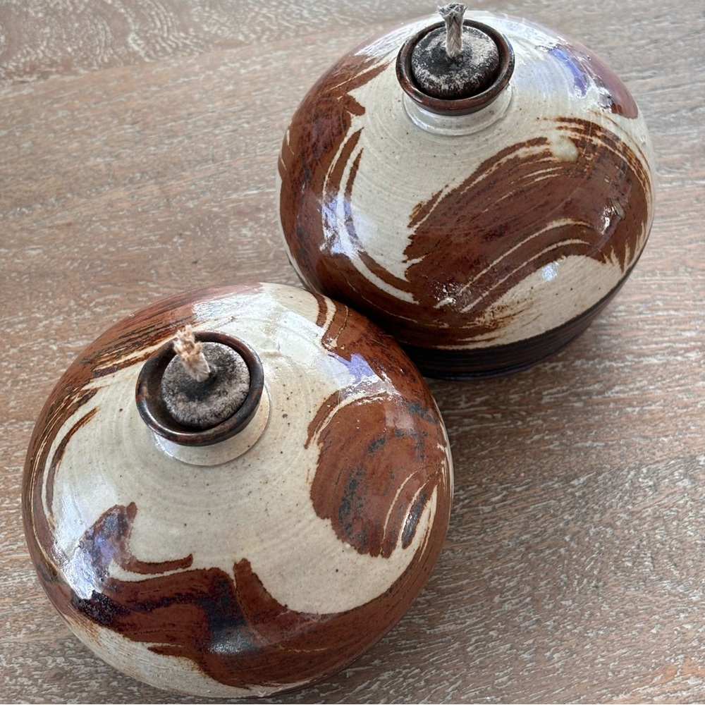 Vintage Boho Set of Two Round Pottery Oil Lamps